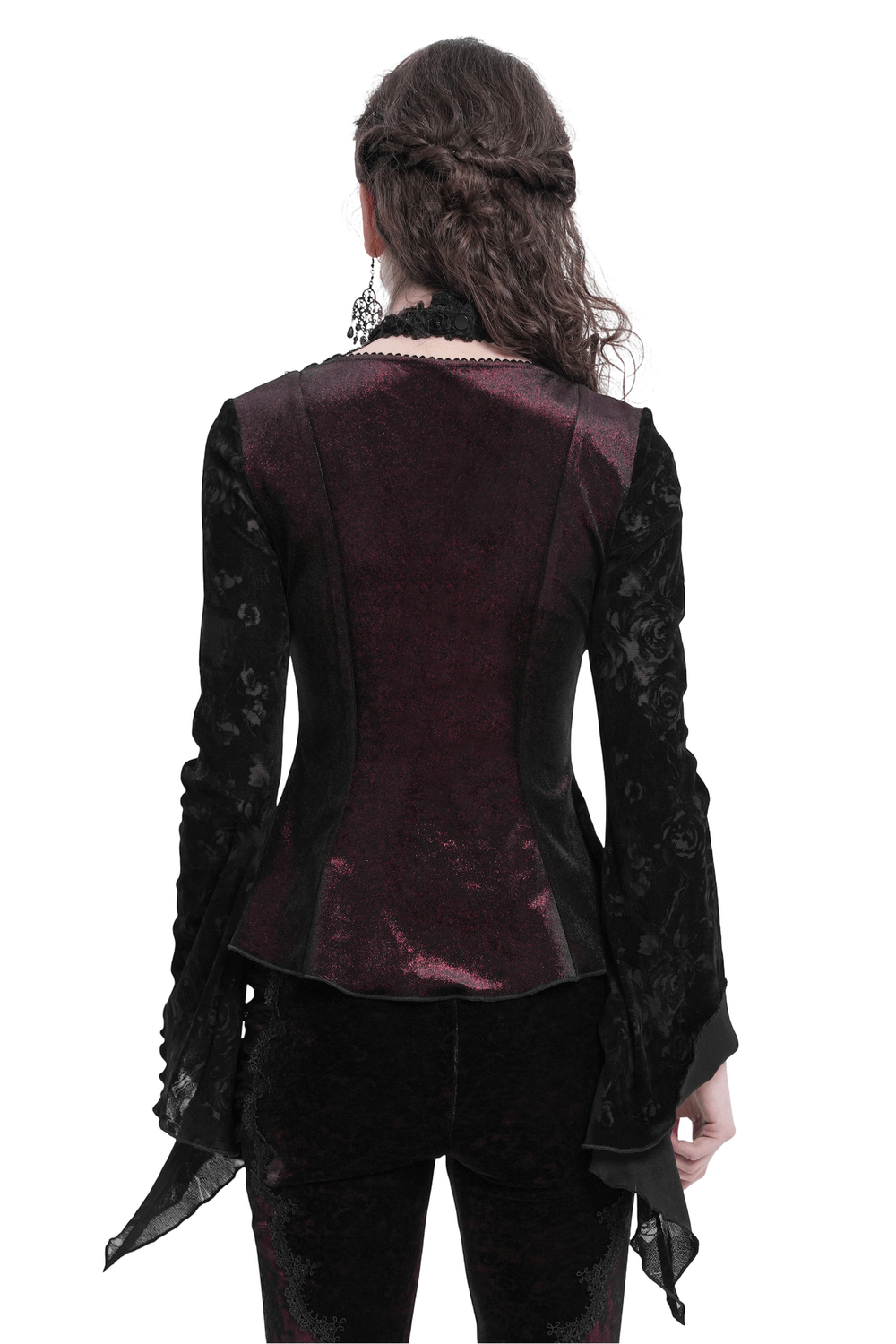 Back view of a gothic lace top with flared sleeves and rose embellishments, perfect for Victorian-inspired fashion.