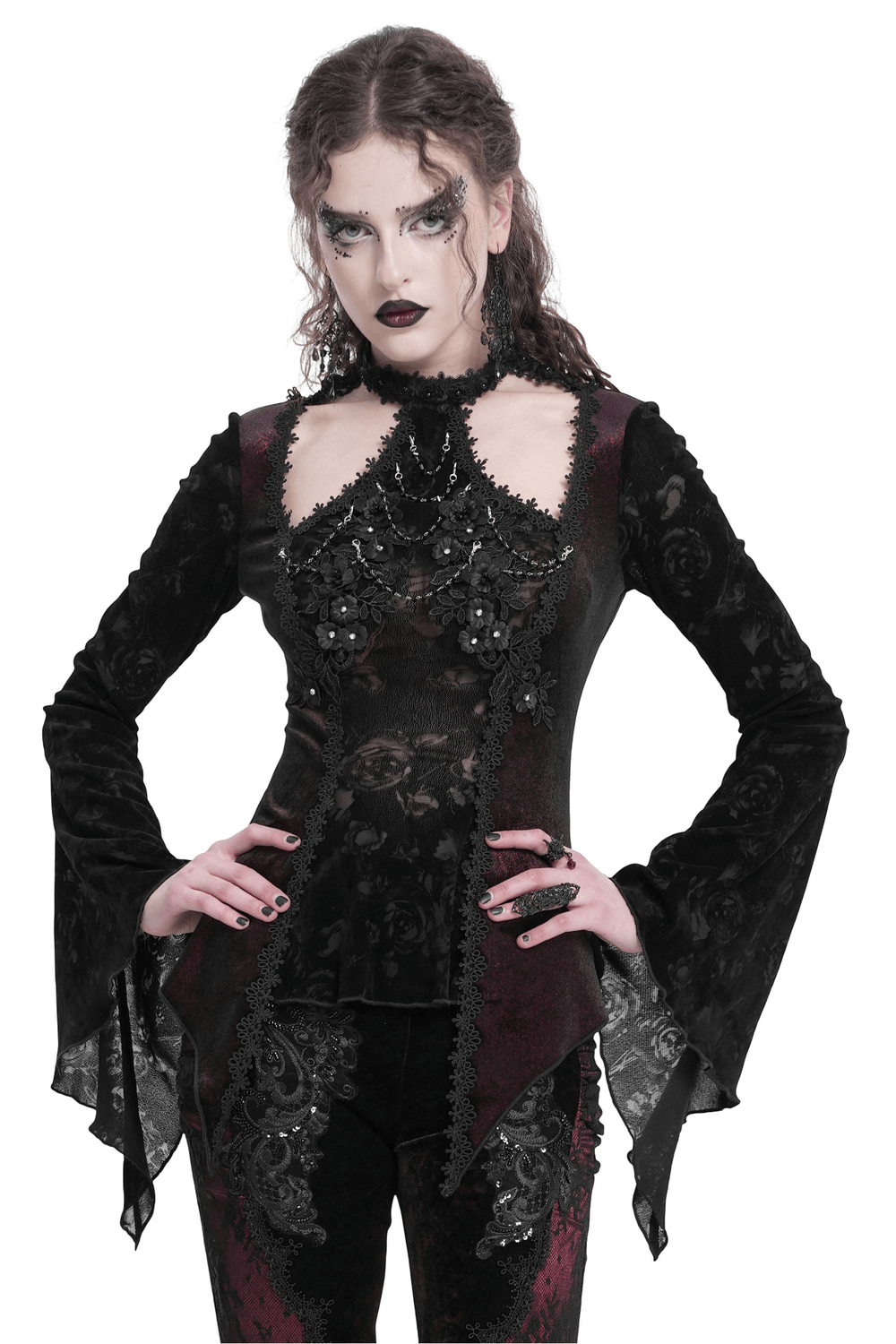 Gothic lace bell-sleeved top with rose embellishments, perfect for a dark romantic style.