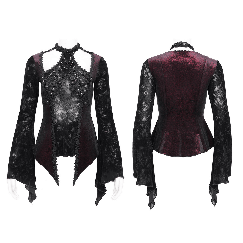Gothic lace bell-sleeved top with rose embellishments and high-neck collar, showcasing Victorian elegance.