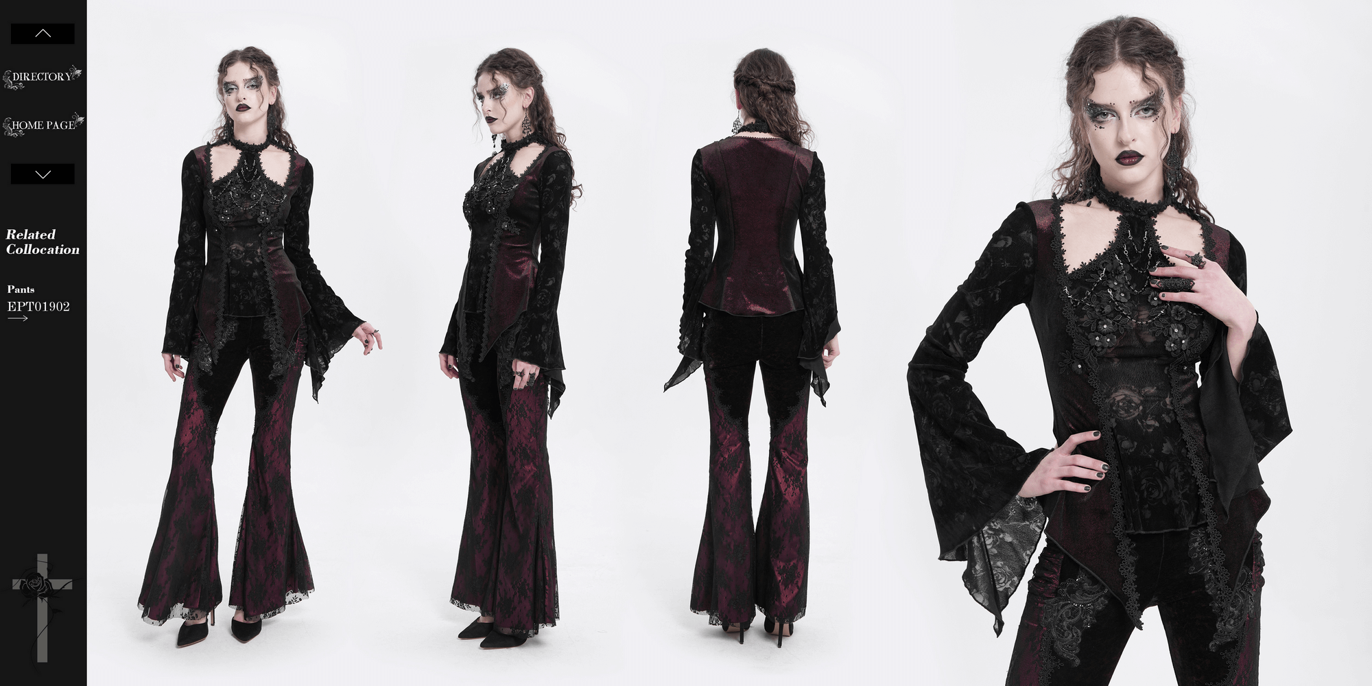 Gothic lace bell-sleeved top with rose embellishments, paired with stylish flared pants for a dramatic look.