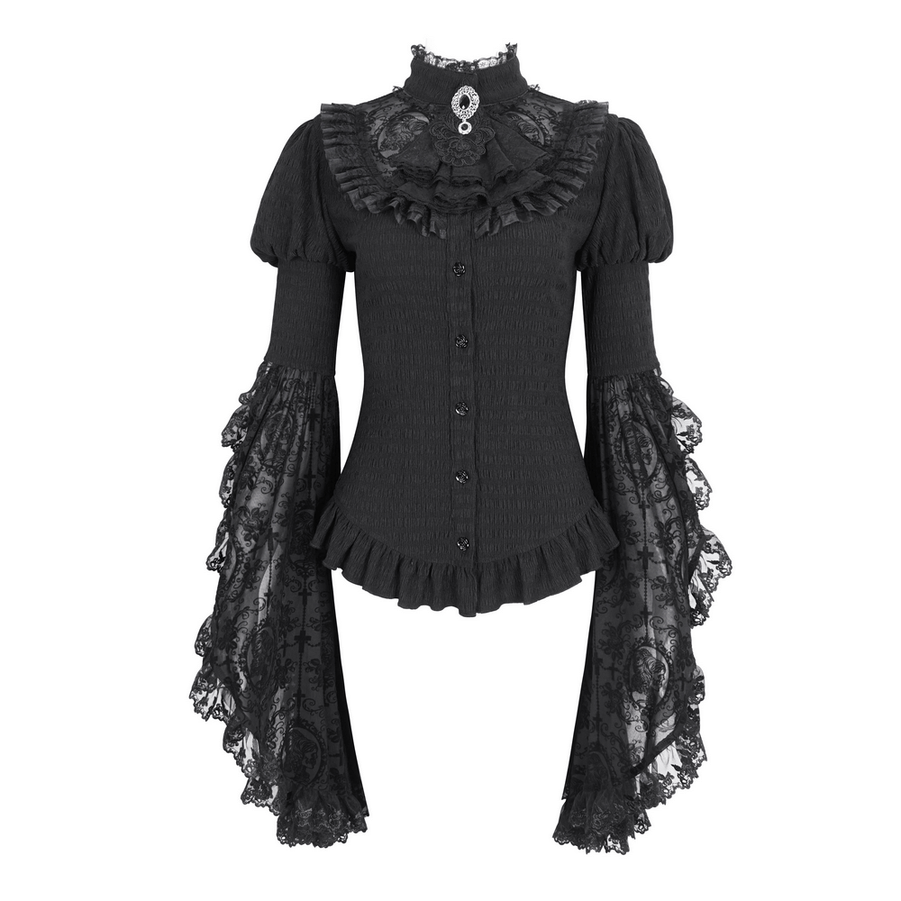 Gothic lace blouse with ruffled neck and flared sleeves, perfect for Victorian-inspired elegance.