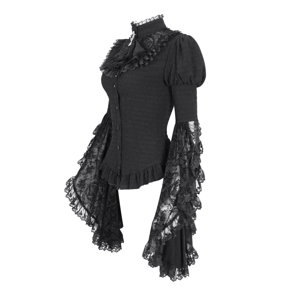 Gothic lace blouse with ruffled neck, flared sleeves, and Victorian-inspired elegance in black.