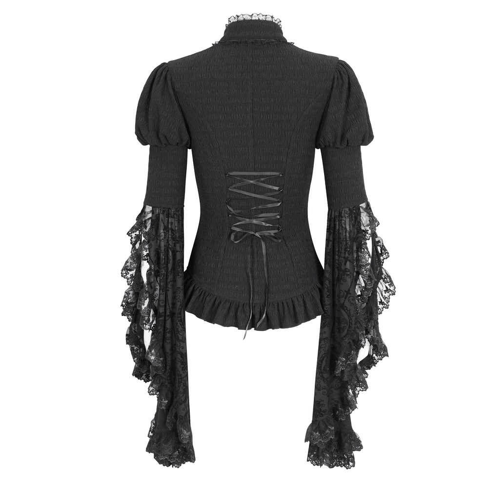 Back view of a Gothic lace blouse with ruffled sleeves and a fitted waist, showcasing Victorian elegance.