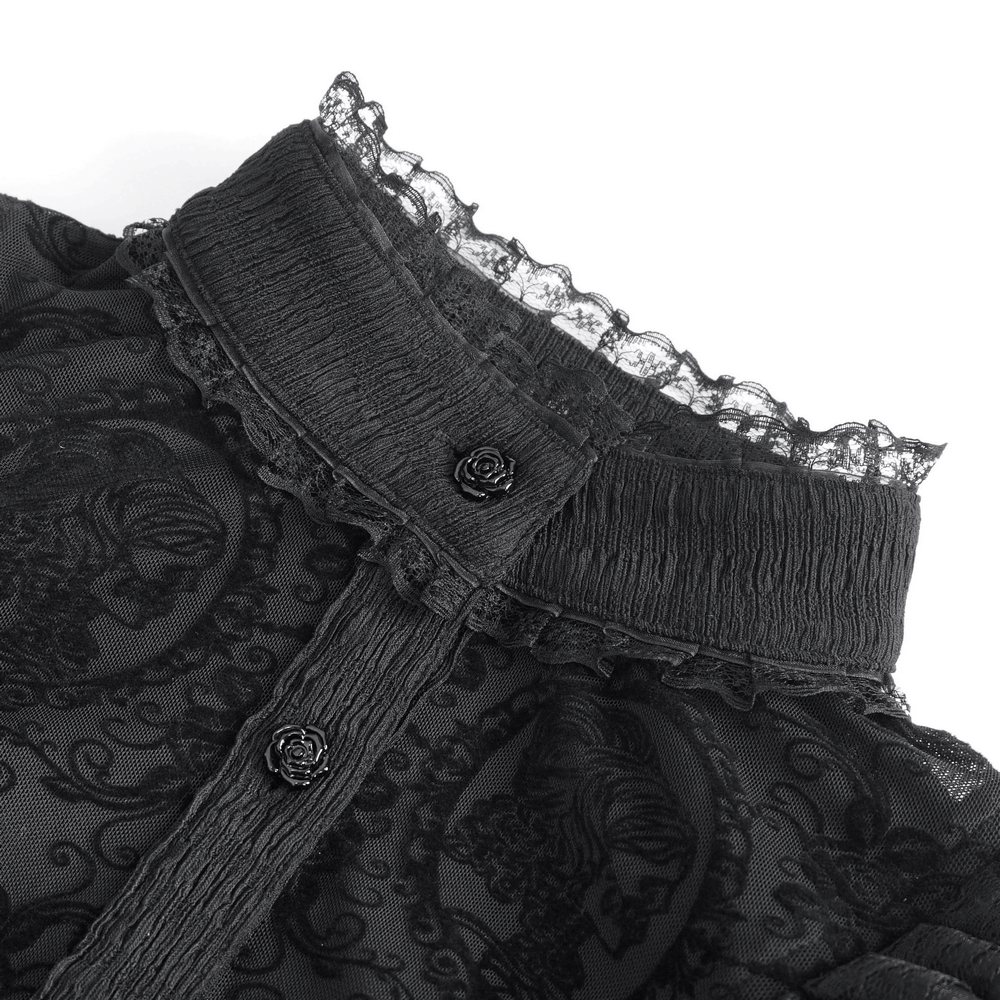 Close-up of the ruffled neckline and buttons on a gothic black lace blouse, showcasing Victorian elegance.