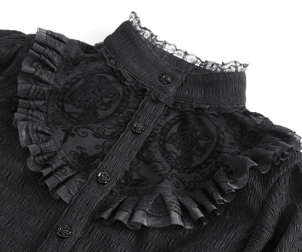 Gothic lace blouse with ruffled neck and button details, featuring elegant black lace design and Victorian-inspired charm.