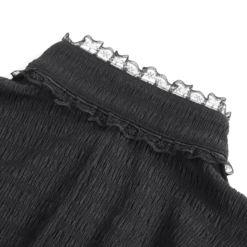 Close-up of the ruffled neckline of a Gothic lace blouse in black, showcasing intricate lace detailing.