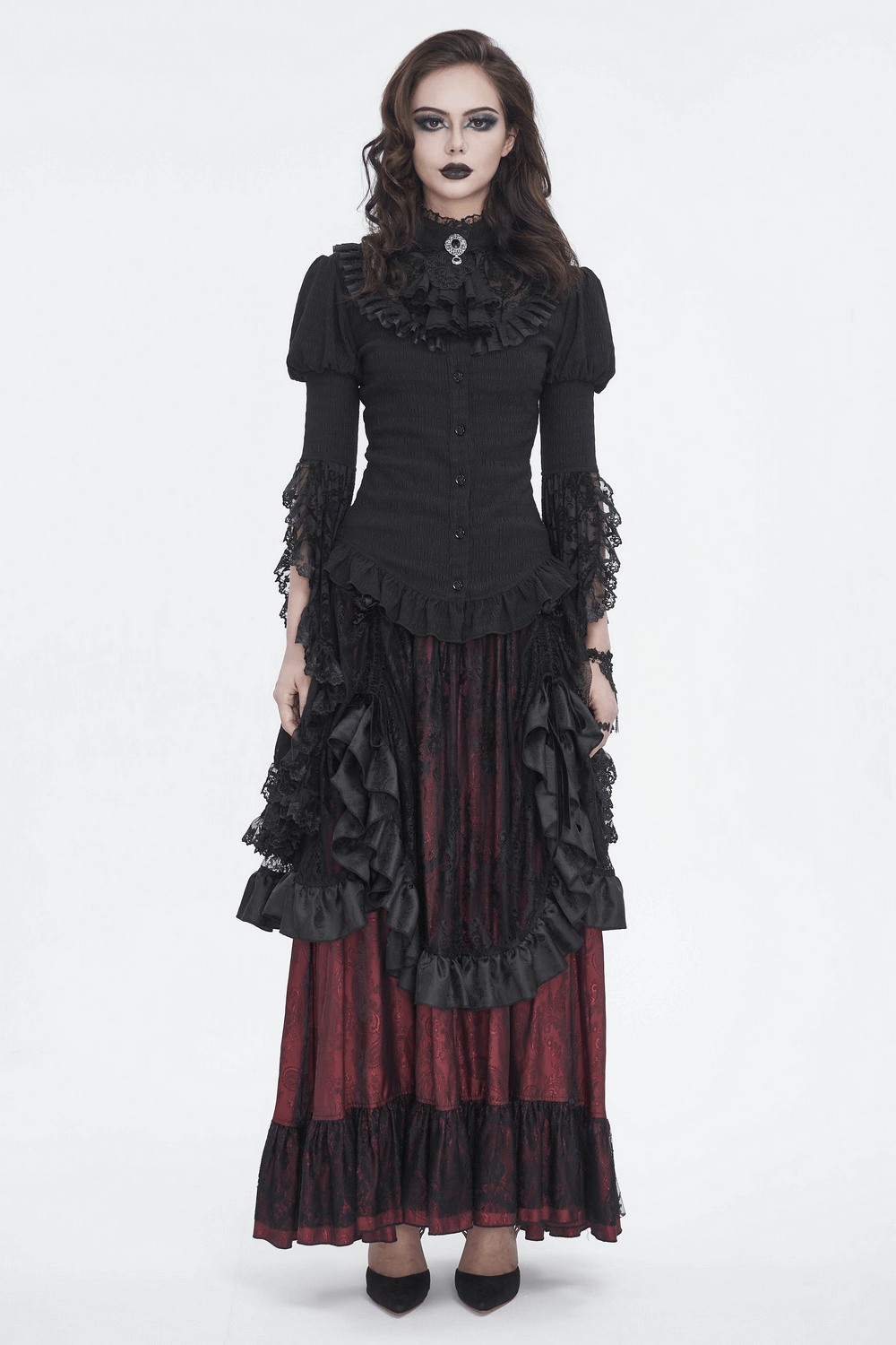 Gothic lace blouse with ruffled neck and flare sleeves, paired with a dramatic red and black layered skirt.