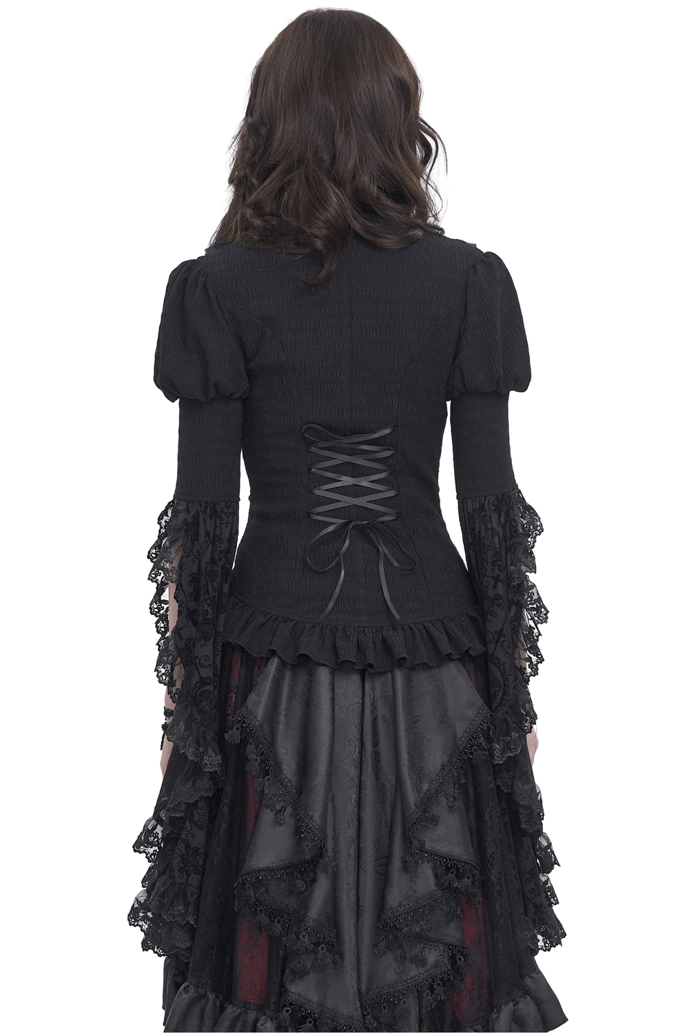 Back view of a Victorian-inspired black lace blouse with ruffled sleeves and a corset-style lace-up back.