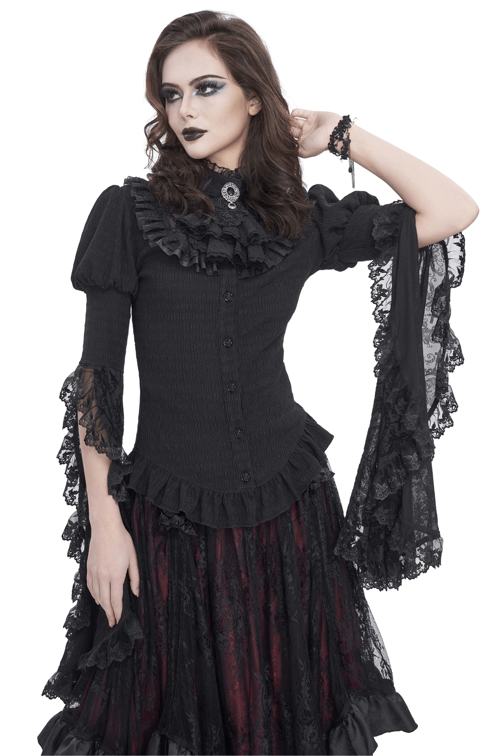 Gothic lace blouse with ruffled neck and flare sleeves worn by model, showcasing Victorian elegance and dark romance.