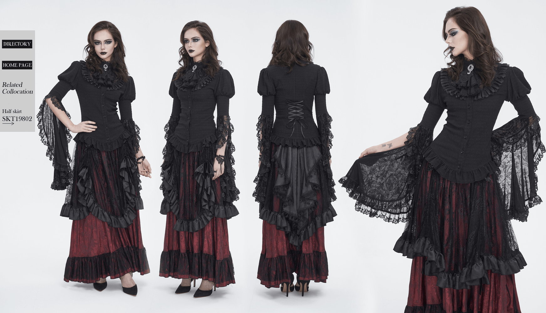 Gothic lace blouse with ruffled neck and flare sleeves, paired with a dramatic black and red skirt for a Victorian-inspired look.