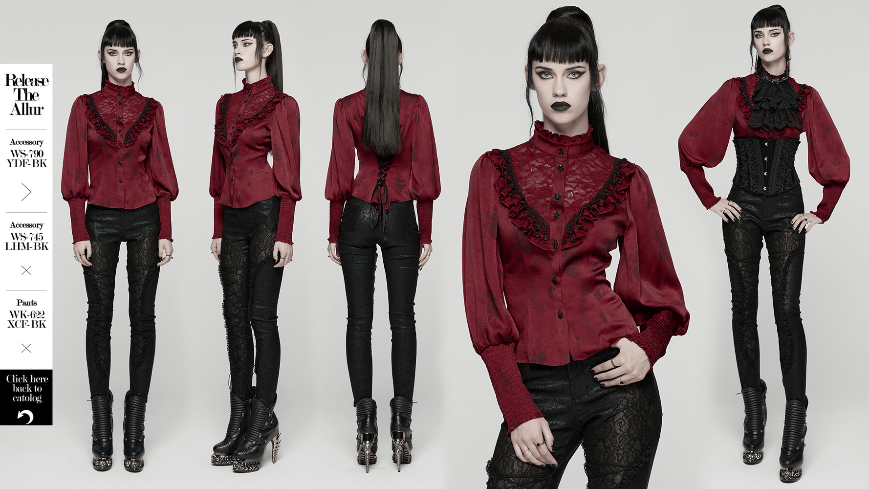 Gothic Lace Blouse with Ruffles and Rose Buttons displayed on a model, showcasing its intricate design and details.