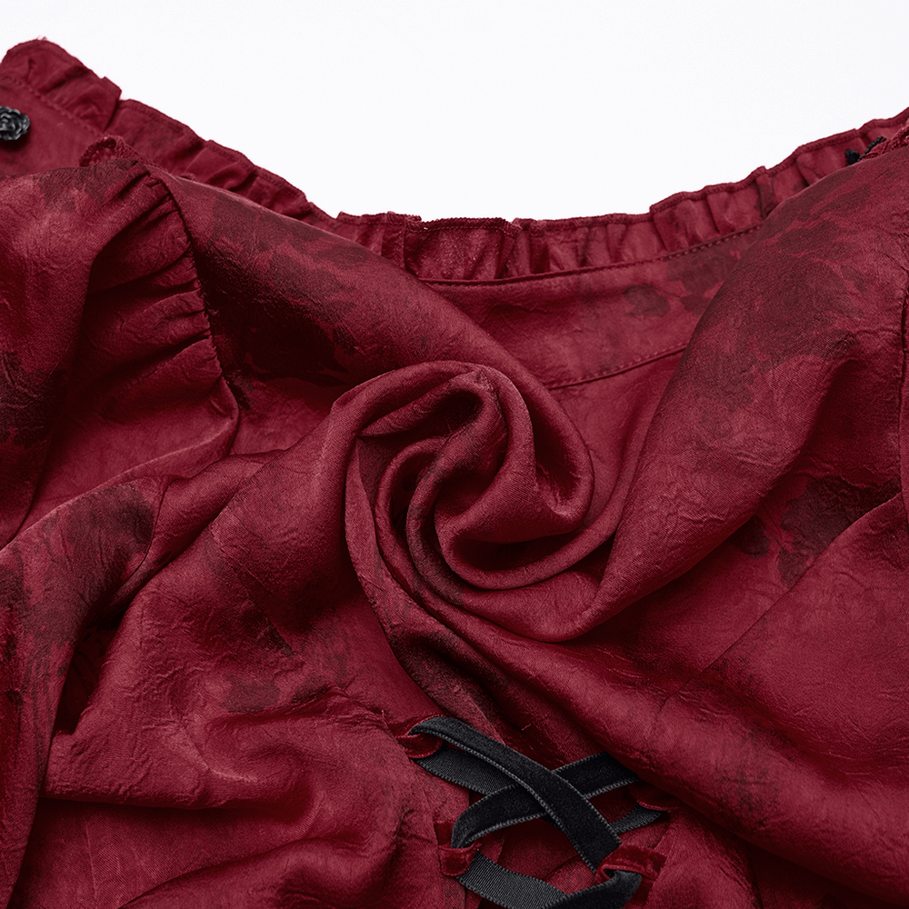 Gothic Lace Blouse with Ruffles and Rose Buttons showing intricate ruffled detail and rich burgundy fabric.