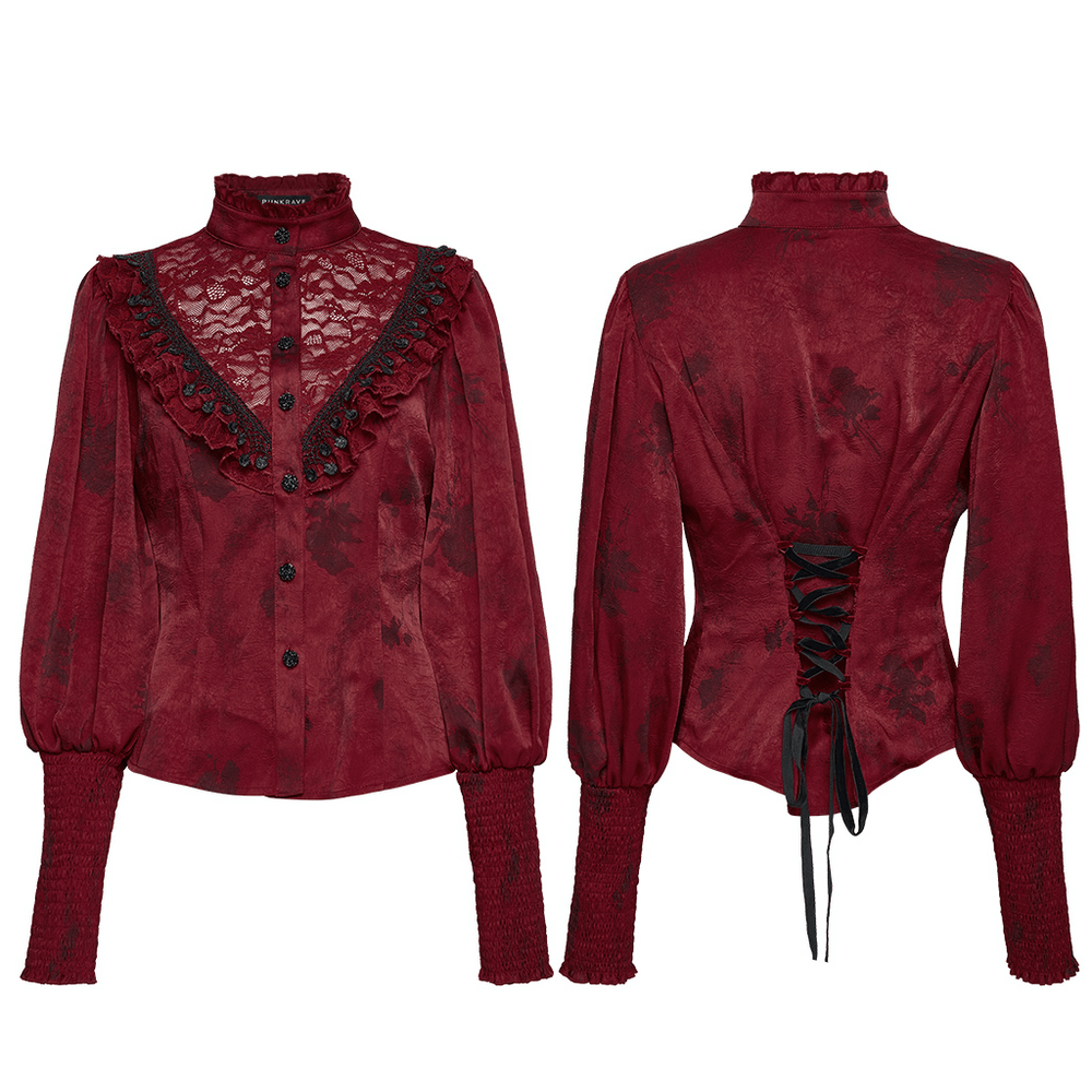 Gothic Lace Blouse with Ruffles and Rose Buttons featuring a rich burgundy color and elegant lace details.