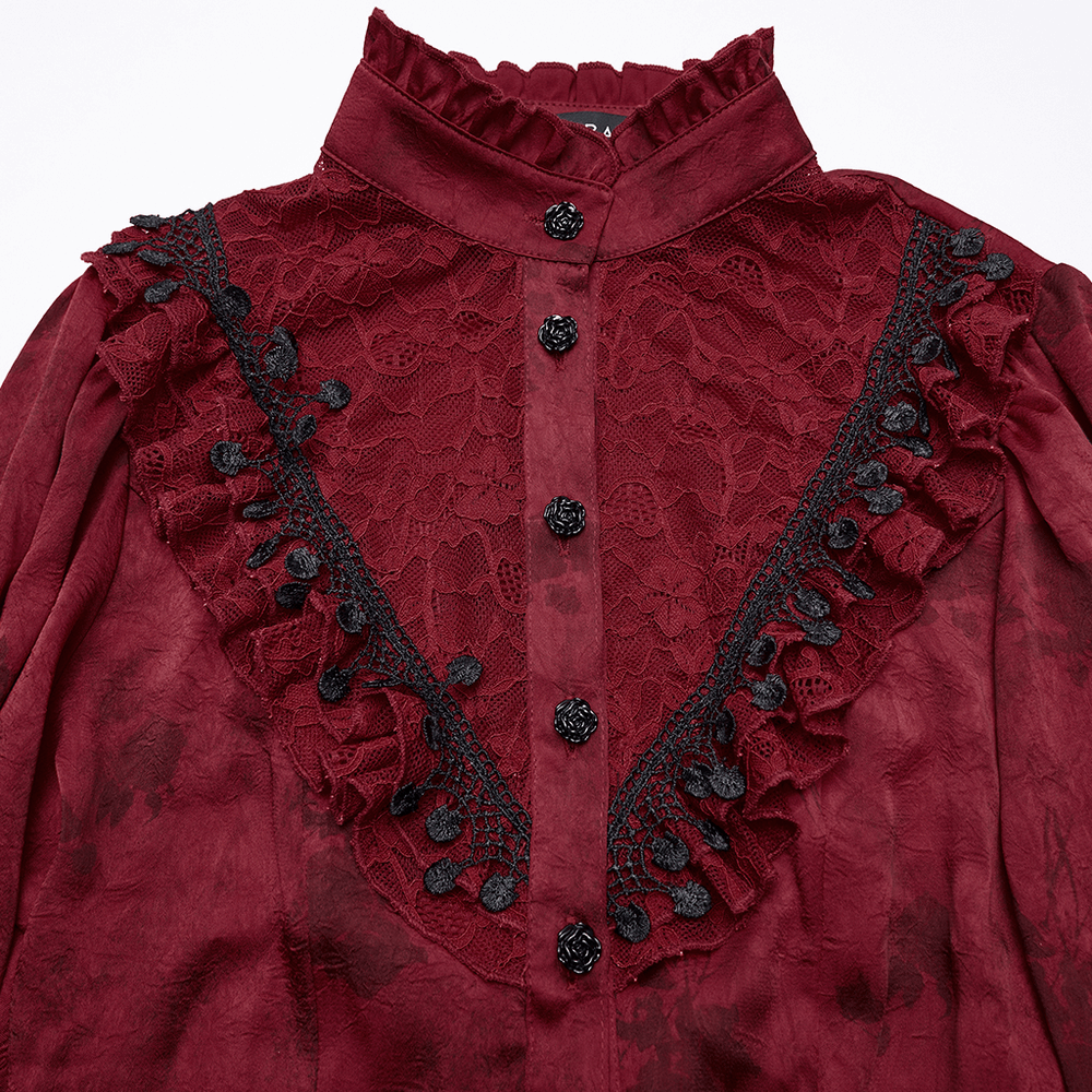 Gothic Lace Blouse with Ruffles and Rose Buttons displayed on a flat surface, showing intricate lace and ruffles.