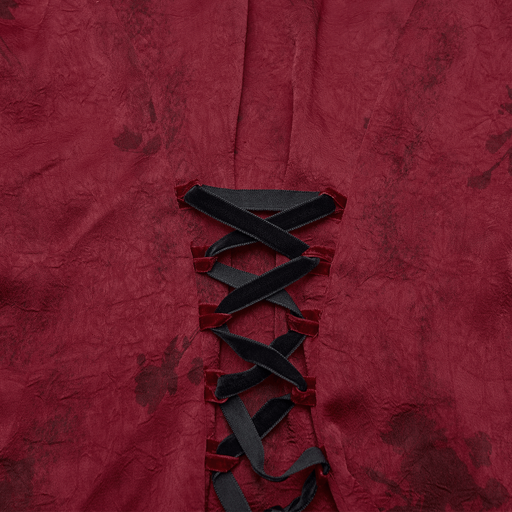 Gothic Lace Blouse with Ruffles and Rose Buttons lace-up detailing in deep red fabric.