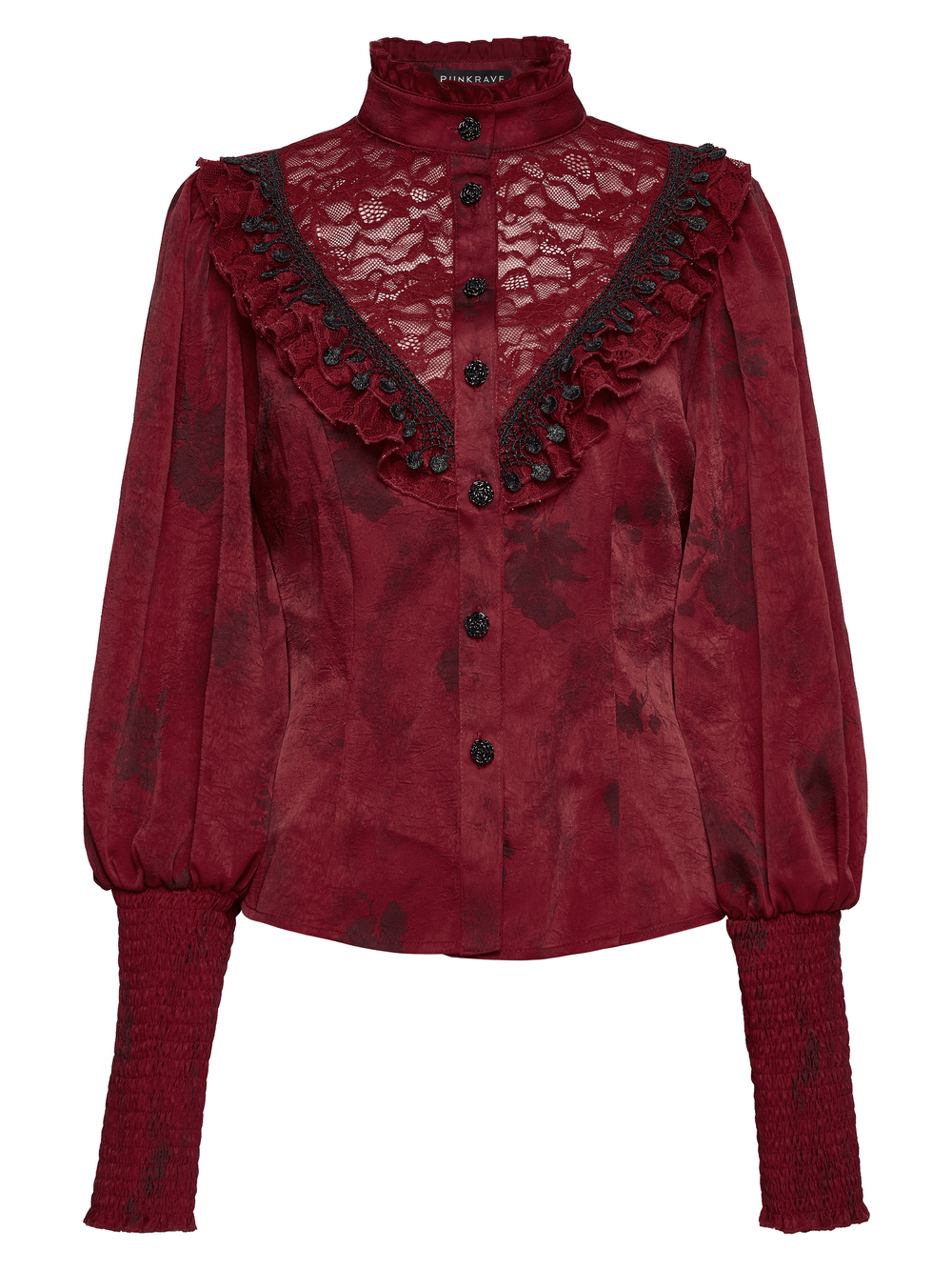 Gothic Lace Blouse with Ruffles and Rose Buttons in rich burgundy fabric, featuring elegant lace details and ruffles.