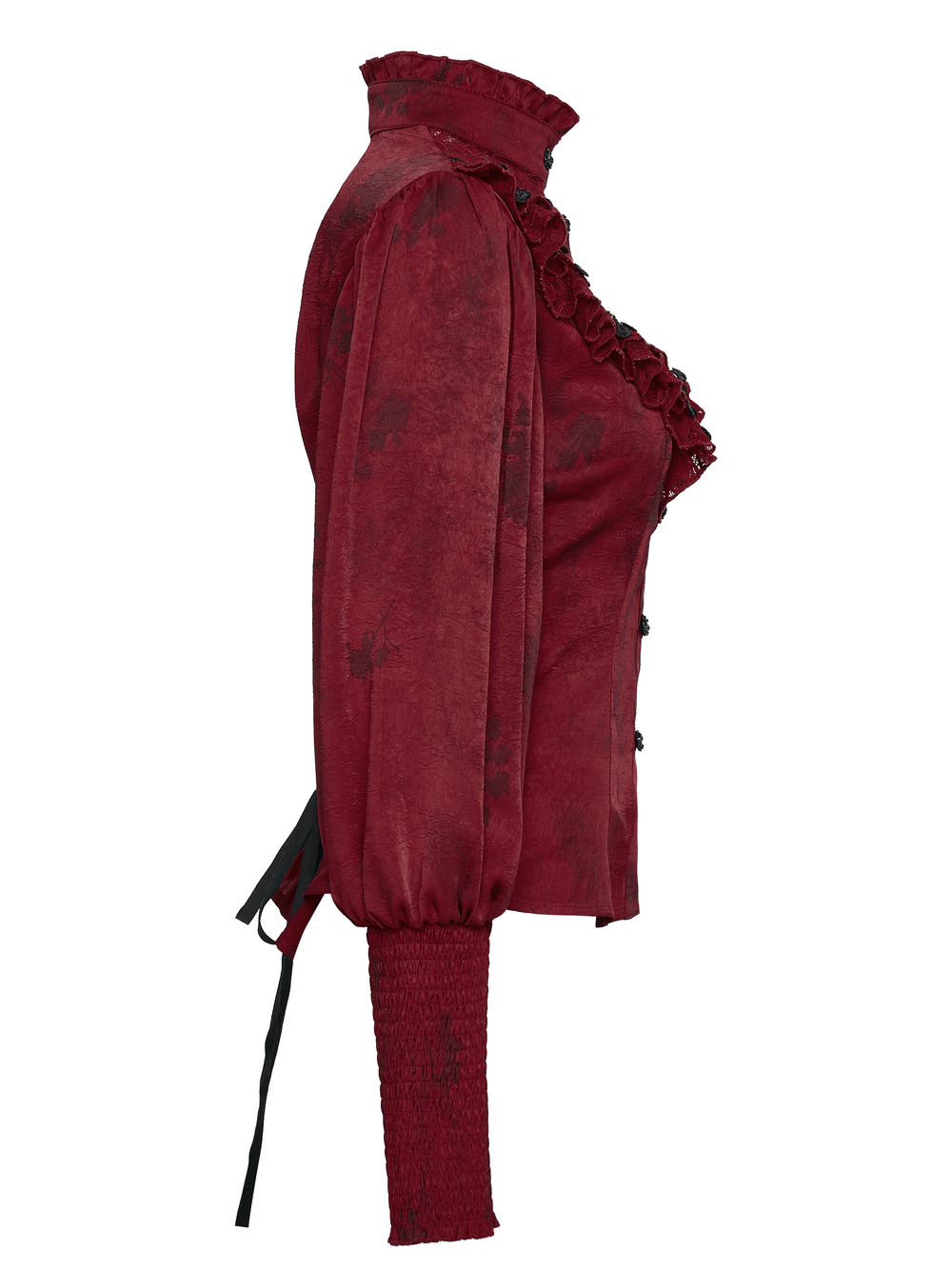 Gothic Lace Blouse with Ruffles and Rose Buttons, featuring a stylish side view in deep red.