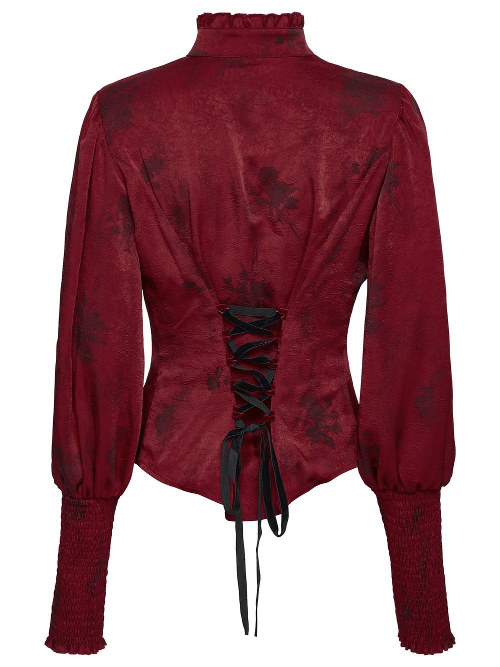 Gothic Lace Blouse with Ruffles and Rose Buttons featuring a beautiful back lace-up detail.