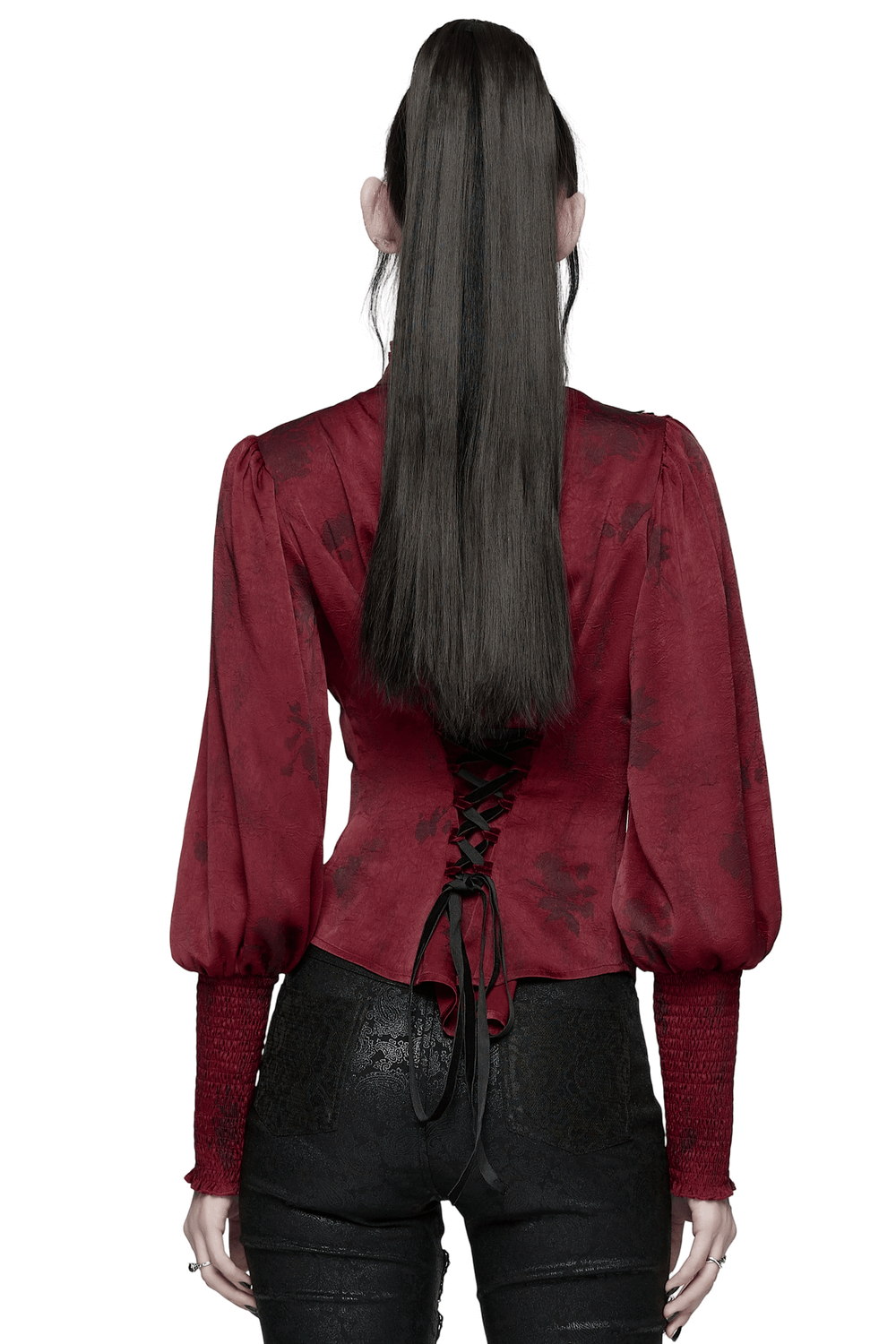 Gothic Lace Blouse with Ruffles and Rose Buttons showcased from the back, featuring striking lace and ruffle design.