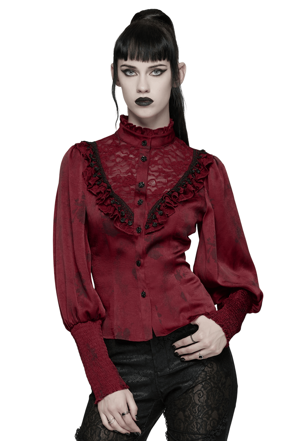 Gothic Lace Blouse with Ruffles and Rose Buttons, featuring ruffles and rose buttons in dark red.