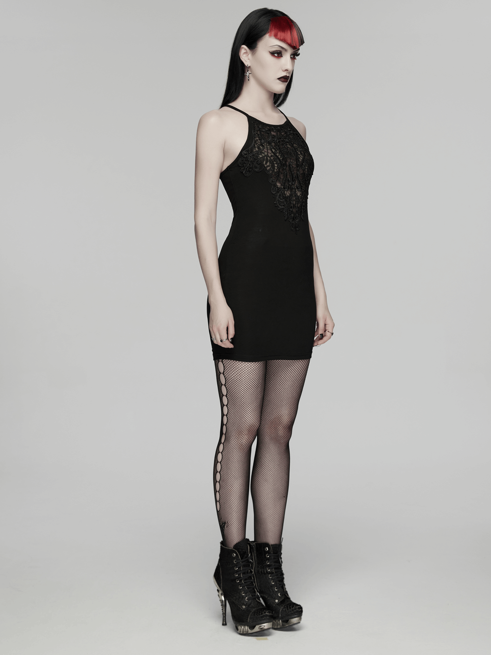 Gothic Lace Bodycon Slip Dress for Dark Style featuring lace detailing and cross back straps, perfect for gothic fashion.