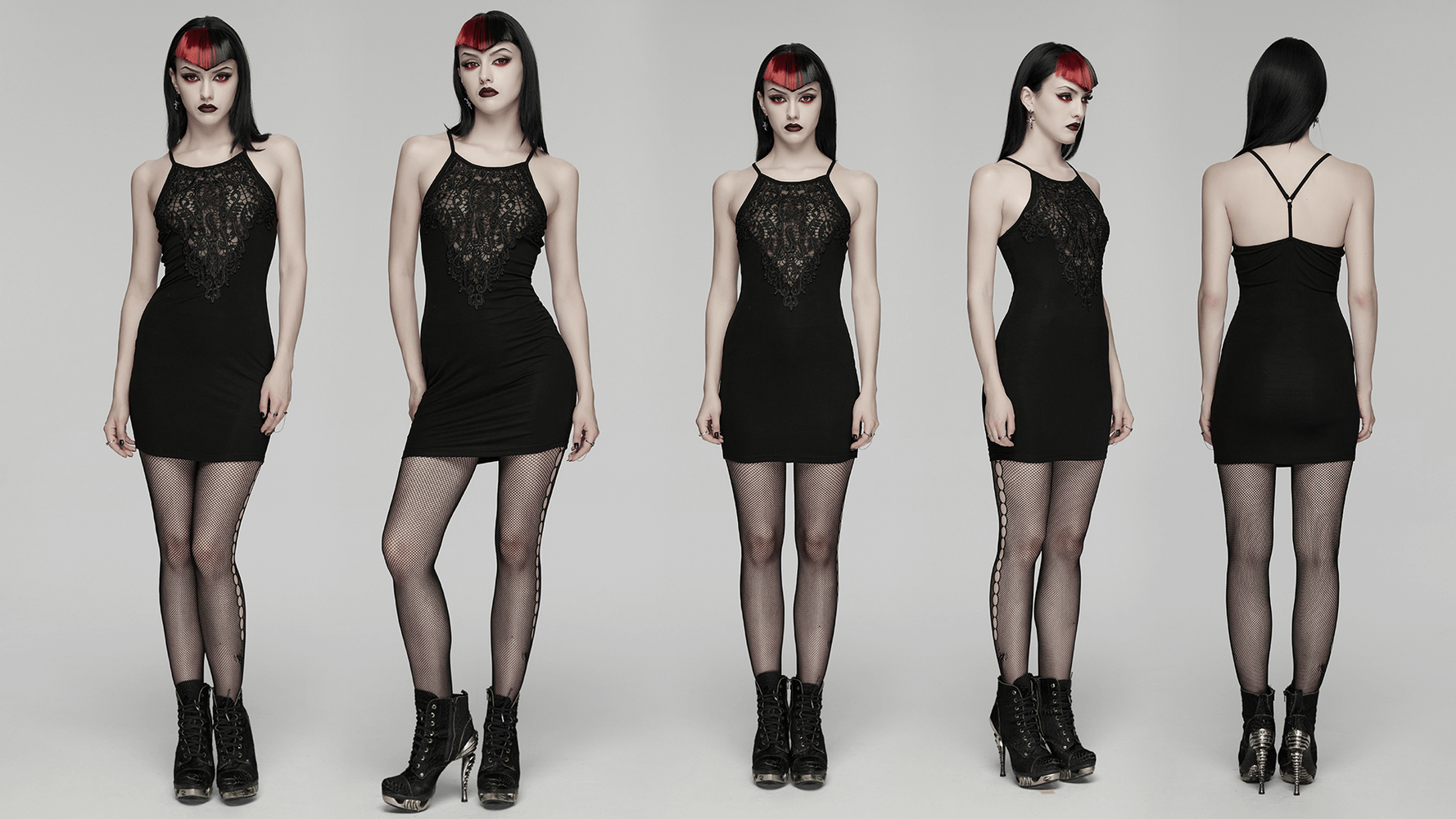Gothic Lace Bodycon Slip Dress for Dark Style featured from multiple angles, showcasing lace and cross back straps.