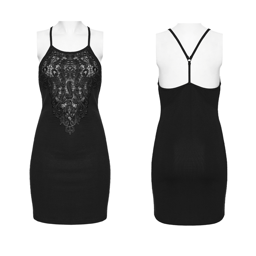 Gothic Lace Bodycon Slip Dress for Dark Style featuring lace design and cross back straps.