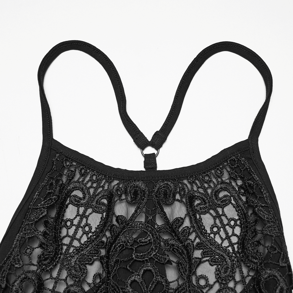 Detail of the Gothic Lace Bodycon Slip Dress for Dark Style with intricate lace and cross back straps.