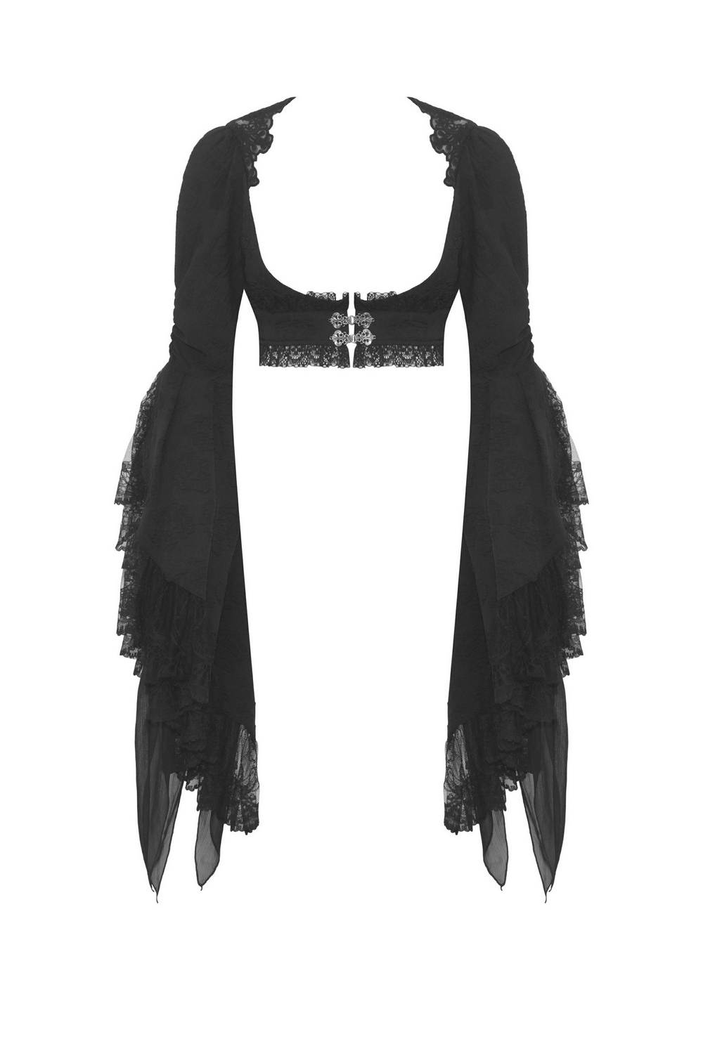 Gothic lace bolero with long bell sleeves, intricately designed for evening elegance. Perfect for gothic fashion lovers.