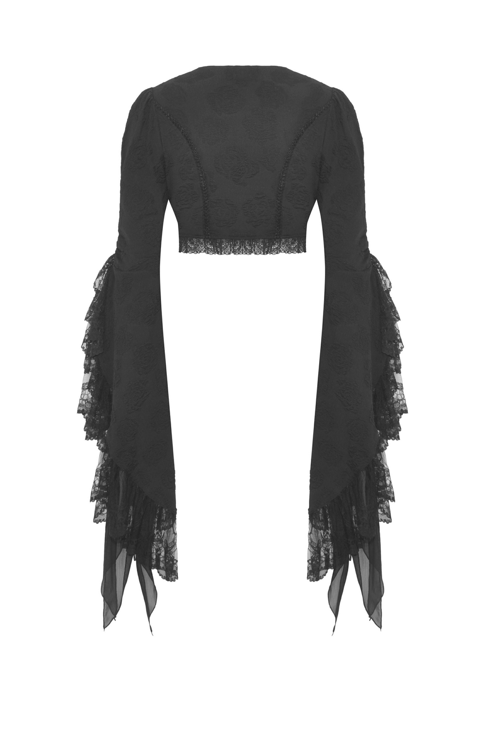 Gothic lace bolero with long bell sleeves and intricate jacquard texture, perfect for evening wear.