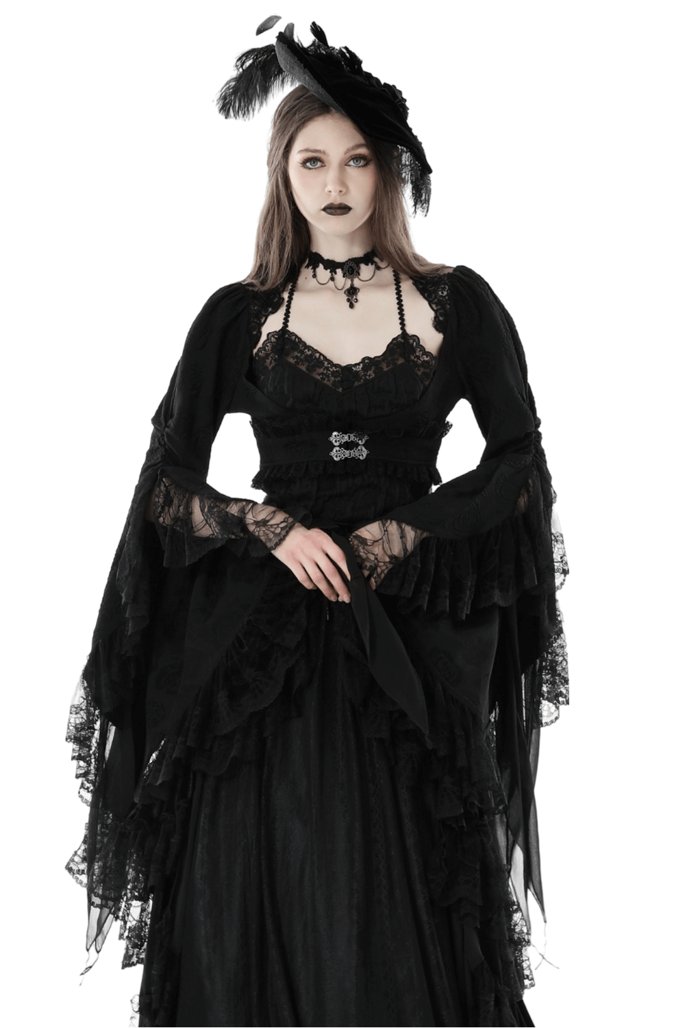 Gothic model showcasing elegant black lace bolero with bell sleeves and dramatic hat, exuding evening charm.