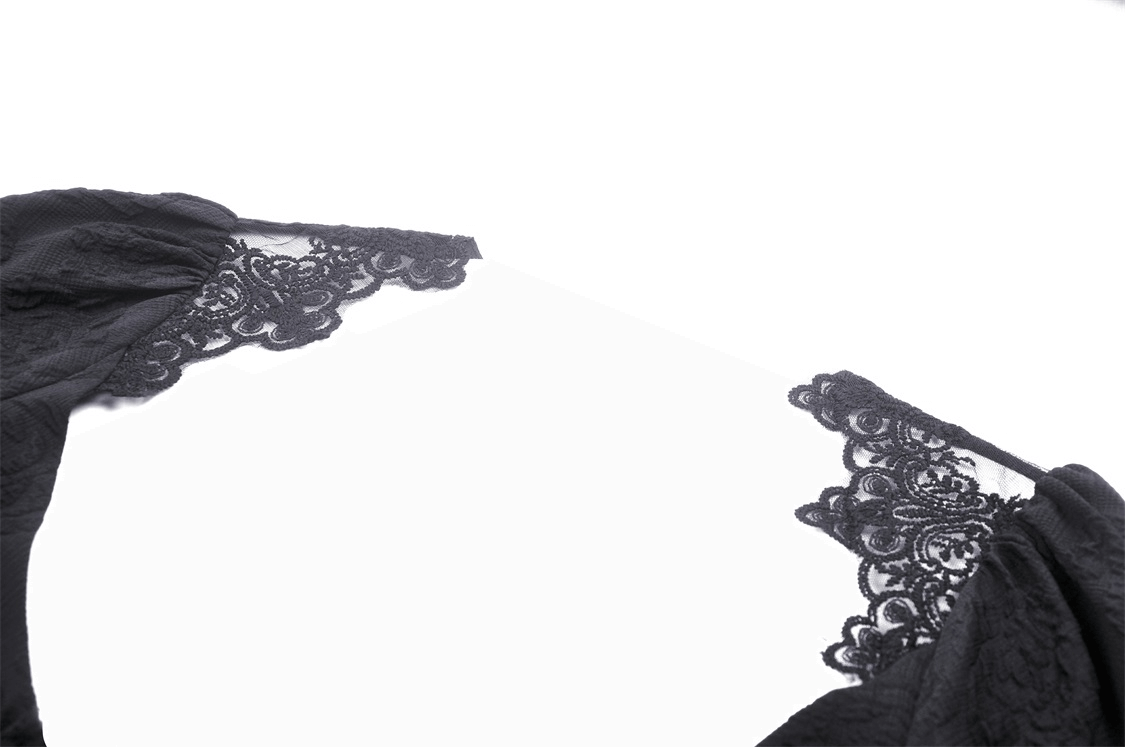 Gothic lace bolero neckline showcasing intricate black lace detail and bell sleeves, perfect for evening elegance.