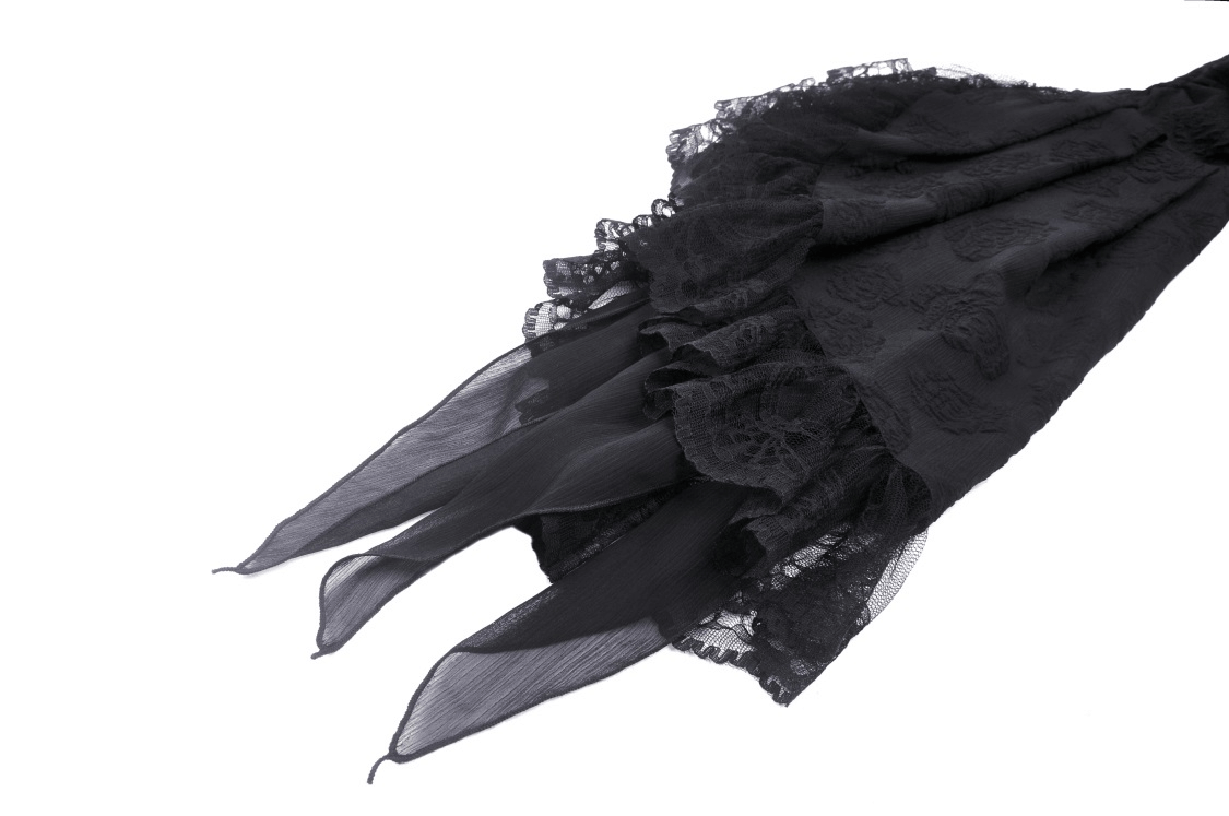 Gothic lace bolero with long bell sleeves and intricate jacquard texture in dramatic black.
