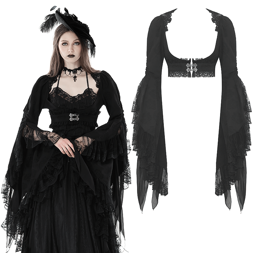 Gothic Lace Bolero featuring long bell sleeves and intricate black jacquard design, perfect for evening elegance.