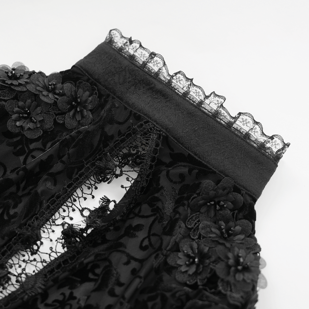 Close-up of gothic lace bolero showcasing floral embellishments and intricate lace detailing. Perfect for Victorian-inspired styles.