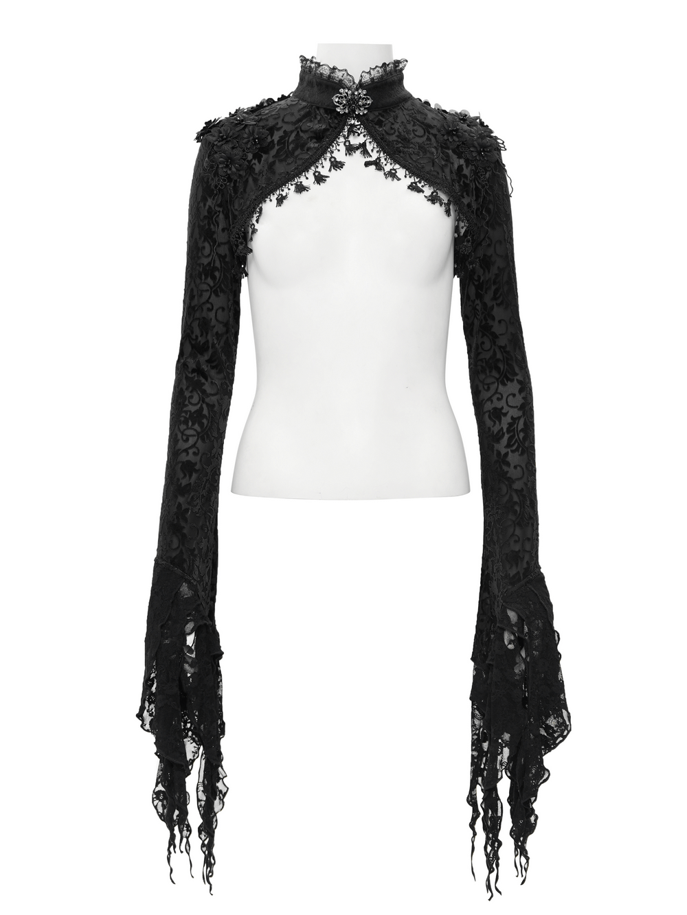 Elegant black lace bolero with bell sleeves and floral details, perfect for gothic or Victorian-inspired outfits.