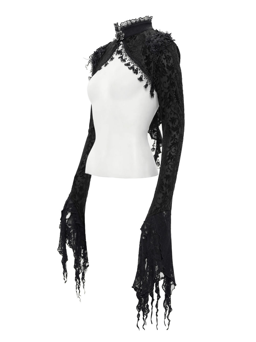 Victorian-inspired black lace bolero capelet with dramatic bell sleeves, perfect for gothic style enthusiasts.