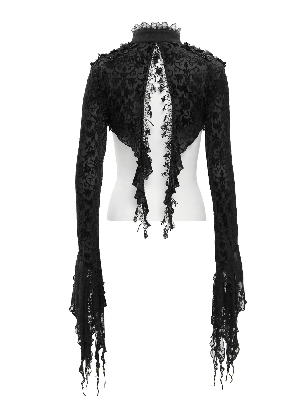 Elegant black lace bolero with dramatic bell sleeves and open back, perfect for gothic-style outfits and formal events.