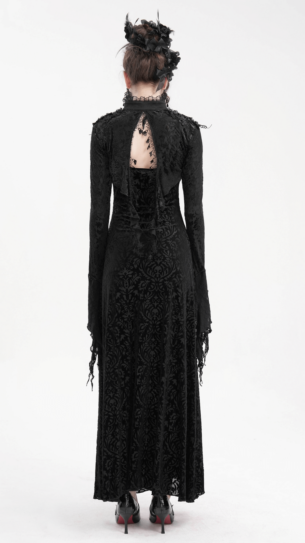 Gothic lace capelet with dramatic bell sleeves, showcasing an elegant open back and intricate floral details.