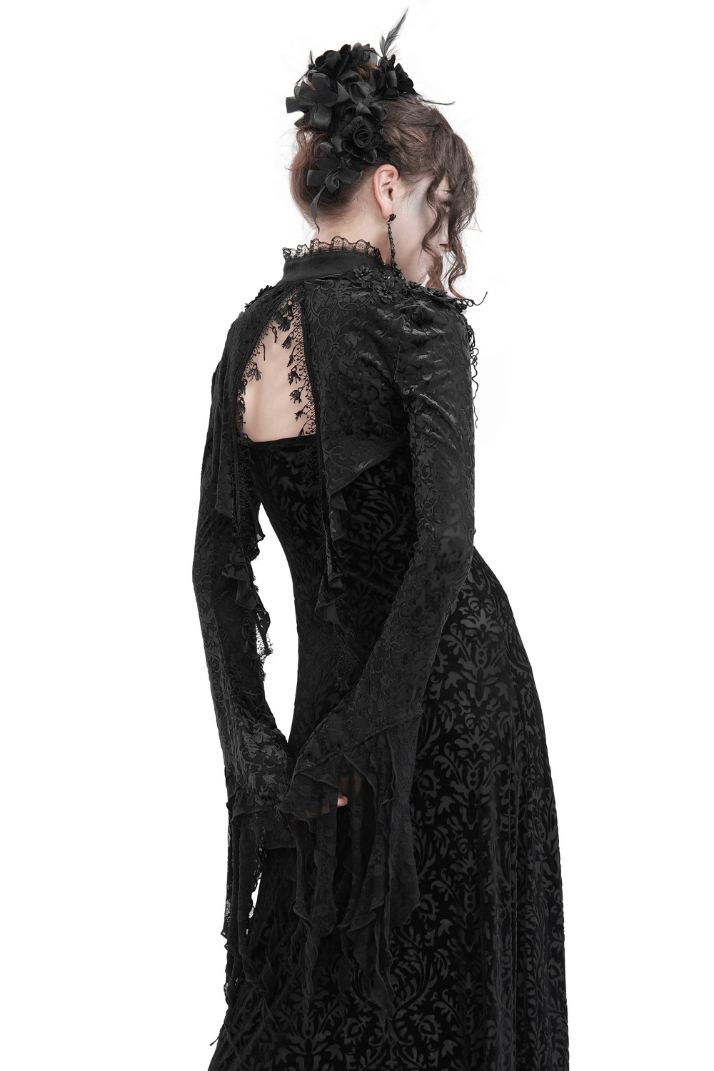 Gothic lace bolero with dramatic bell sleeves, showcasing Victorian elegance and intricate floral design from the back.