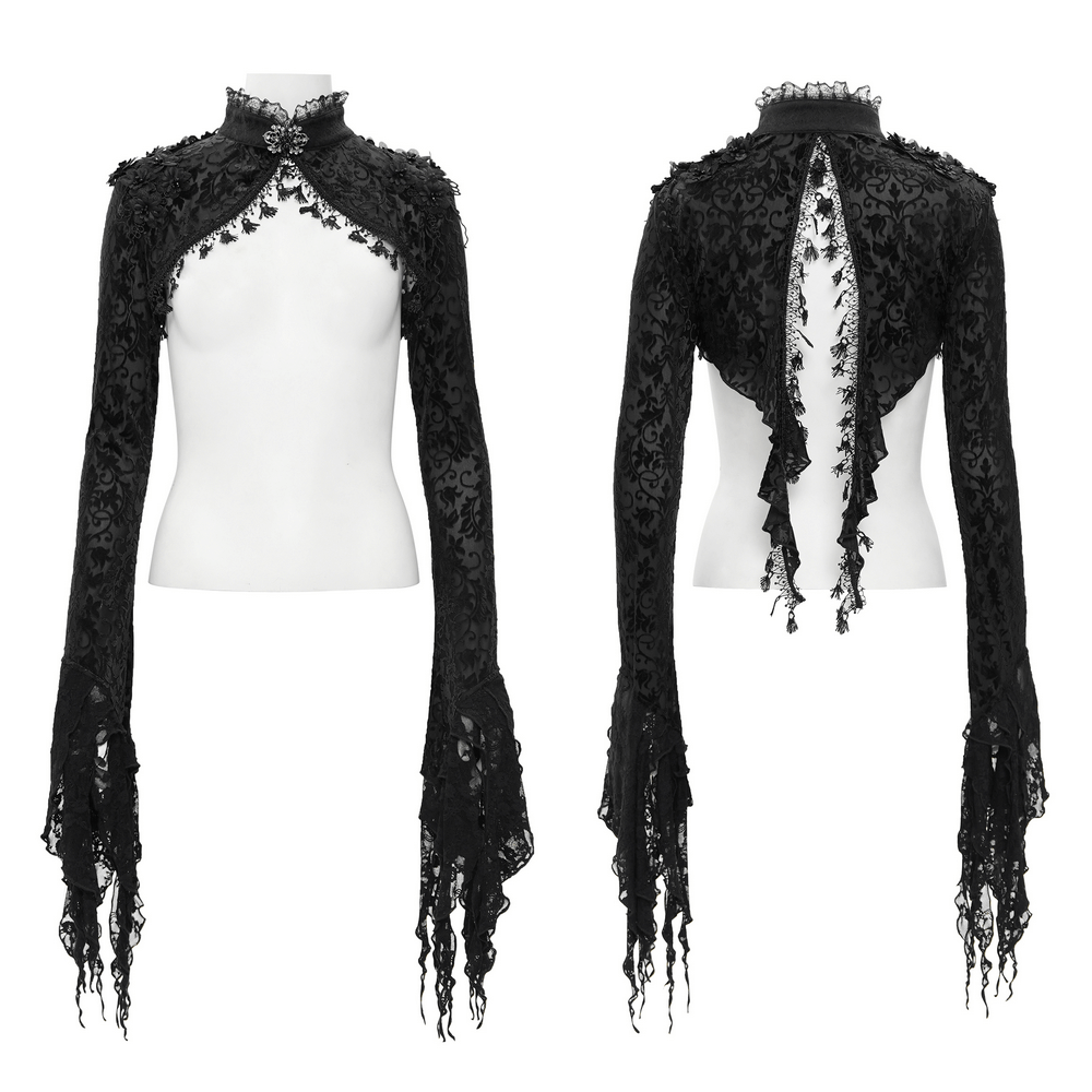 Gothic lace bolero with dramatic bell sleeves, featuring intricate floral design and open back for stylish elegance.