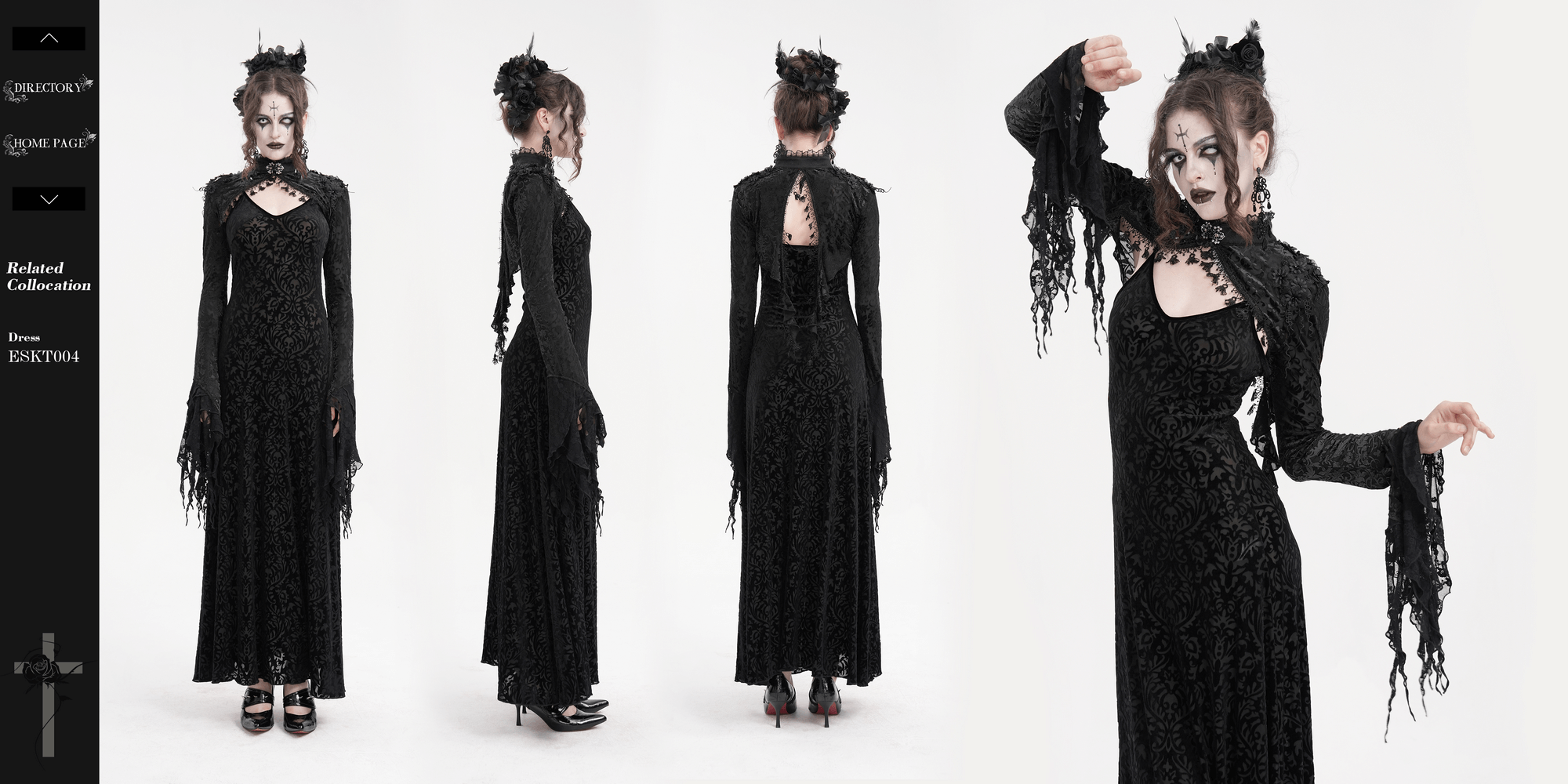 Victorian-inspired black lace dress featuring dramatic sleeves and an open back, perfect for gothic style lovers.