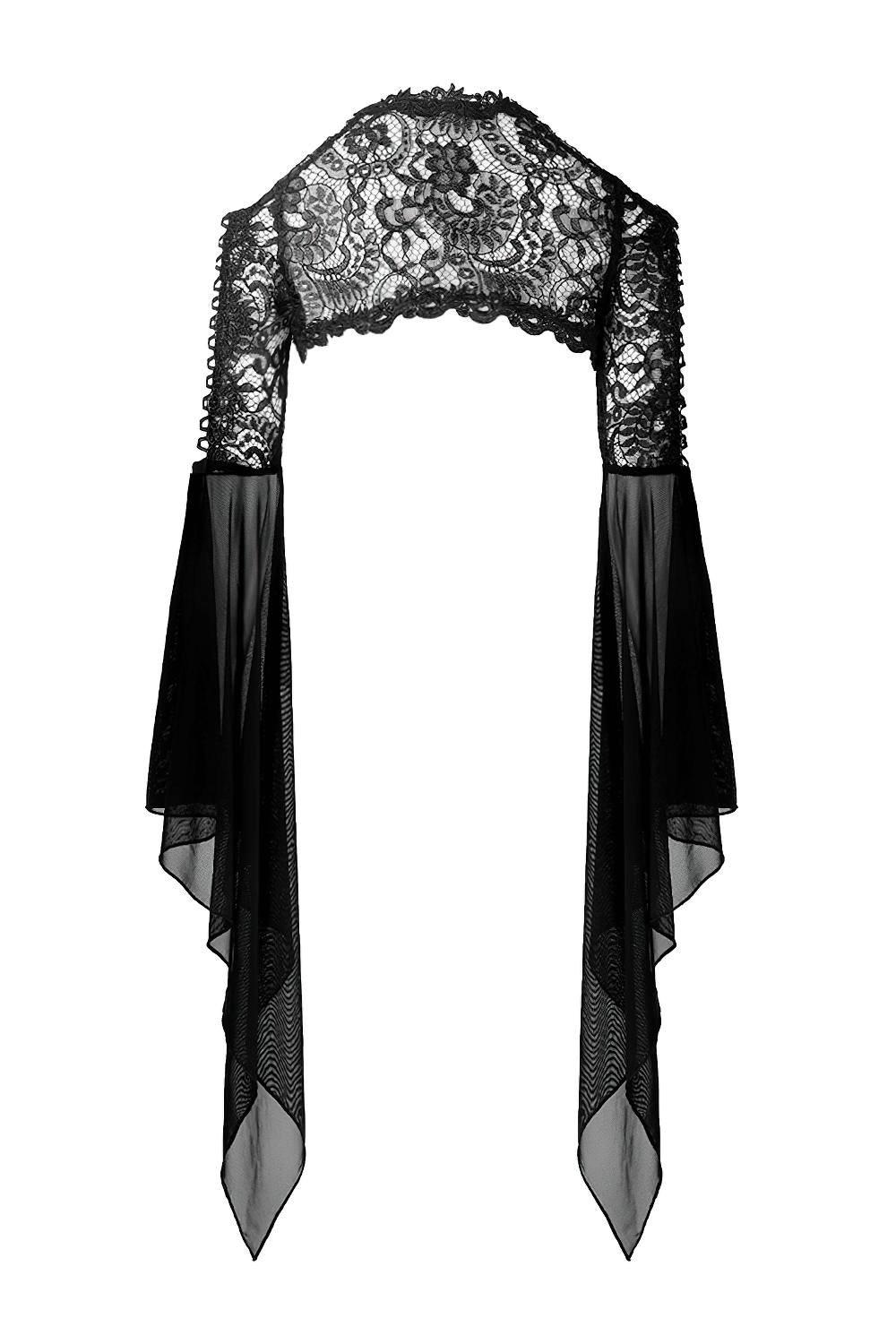 Gothic lace bolero with long flowing mesh sleeves for a Victorian-inspired wardrobe.