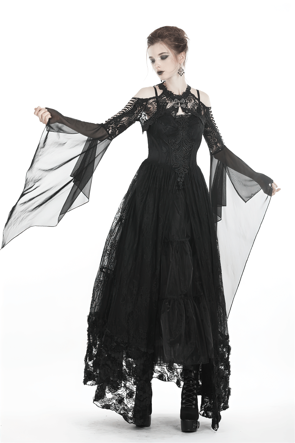 Gothic lace bolero with long flowing mesh sleeves, perfect for adding Victorian elegance to any outfit.