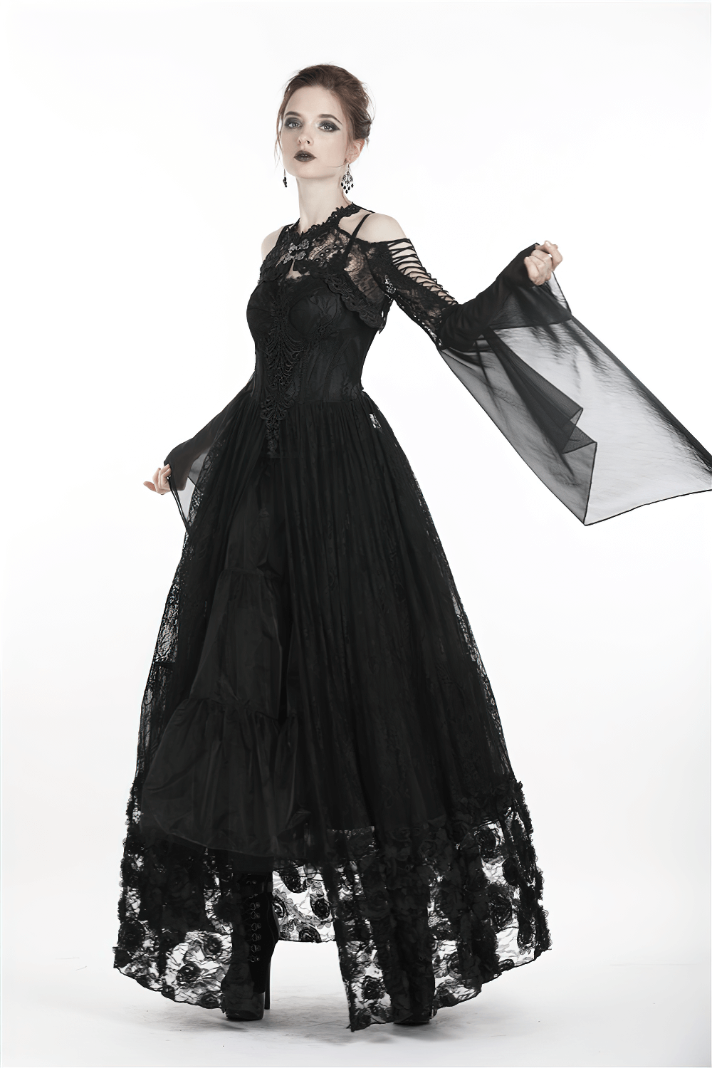 Gothic lace bolero with long flowing mesh sleeves for an elegant Victorian look, perfect for special occasions.