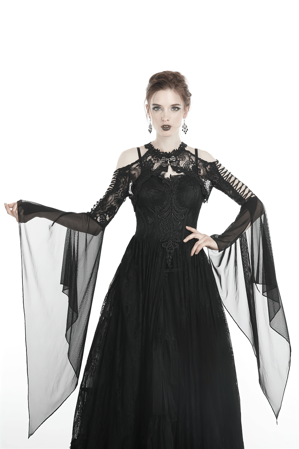Elegant model wearing a Gothic lace bolero with long flowing mesh sleeves, showcasing Victorian style and dramatic flair.