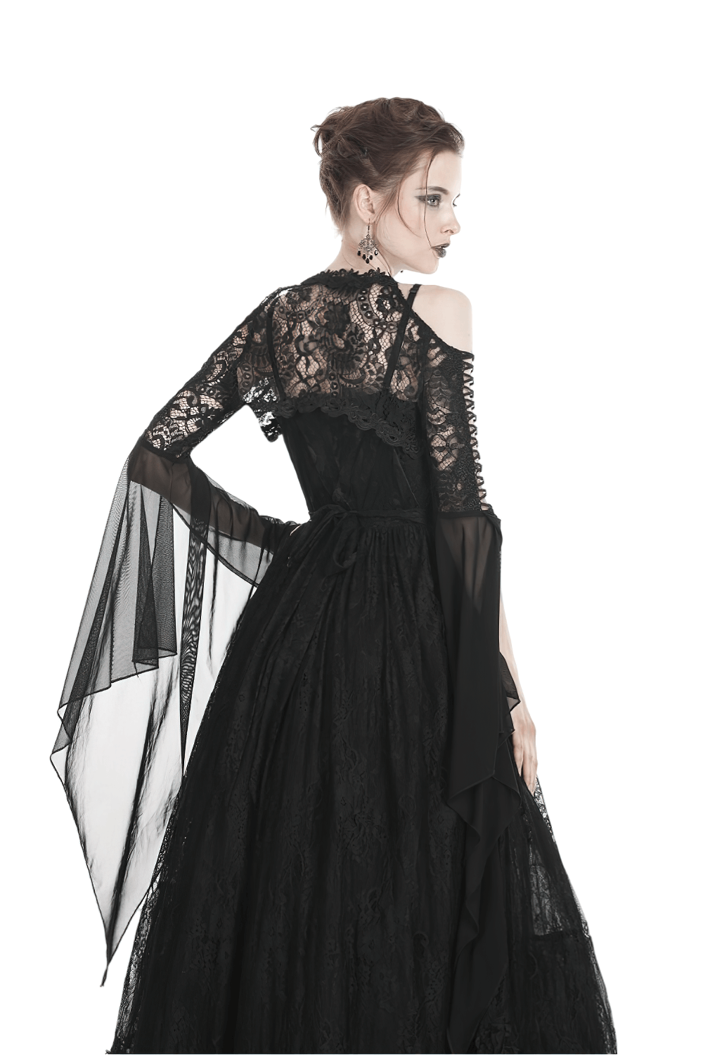 Elegant woman in a gothic lace bolero with long flowing mesh sleeves, showcasing Victorian-style fashion elegance.