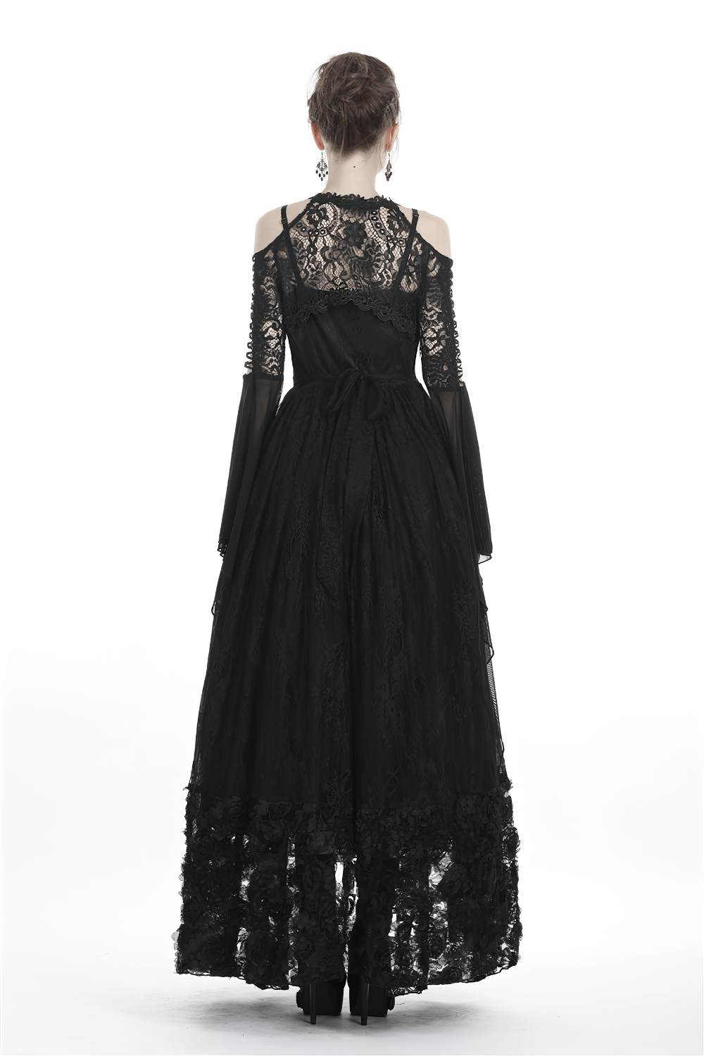 Elegant Gothic lace bolero with dramatic mesh sleeves, showcasing intricate design and flowing silhouette.