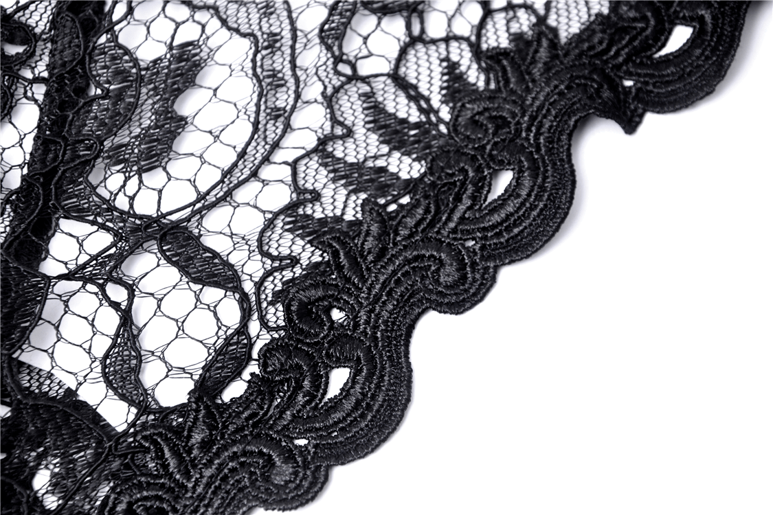 Close-up of intricate black lace showcasing Victorian design and detailed floral patterns.