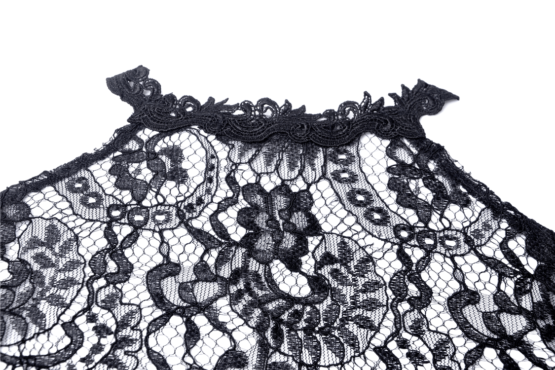 Close-up of intricate black lace showing detailed Victorian patterns for gothic fashion.